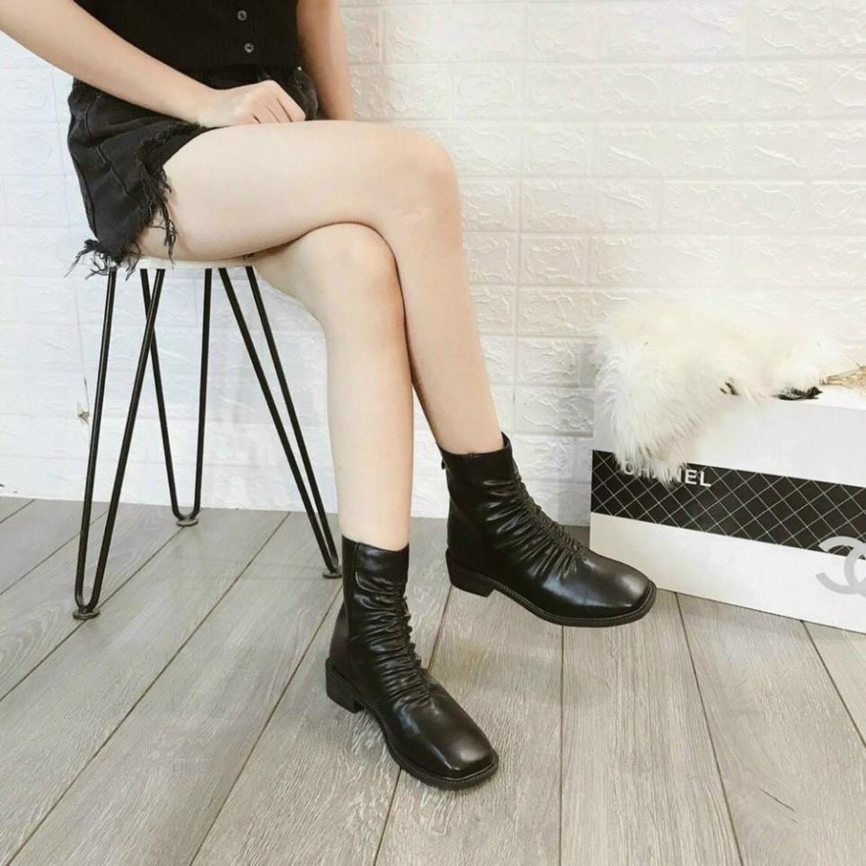 Giày Boot, Giày Boot Nữ - Giày Boot Nữ Hàn Quốc Da Nhăn Cao 2-3Cm Da Mềm AMZO