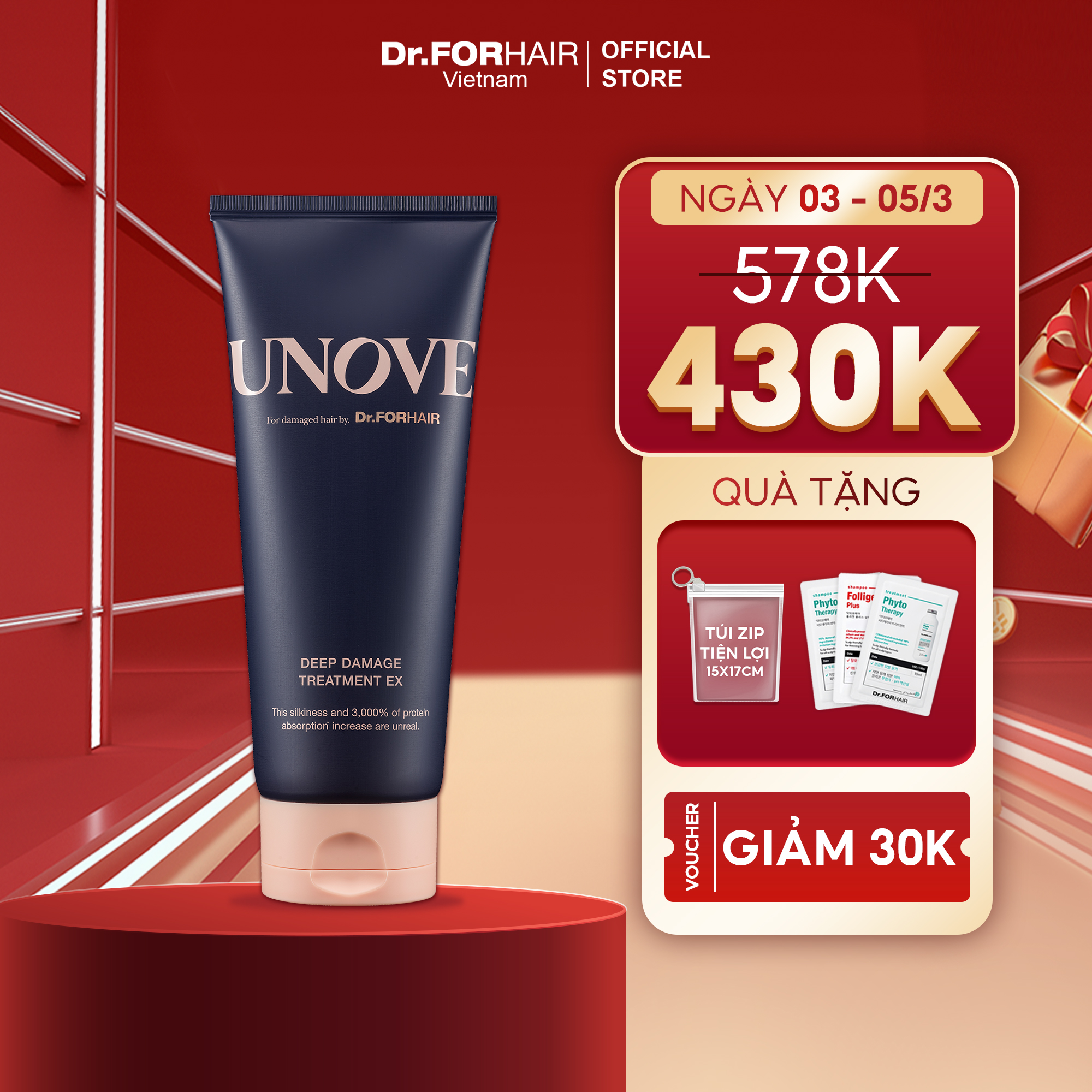 Dầu xả phục hồi nuôi dưỡng chăm sóc tóc khô và hư tổn nặng Dr.FORHAIR UNOVE Deep Damage Treatment Ex