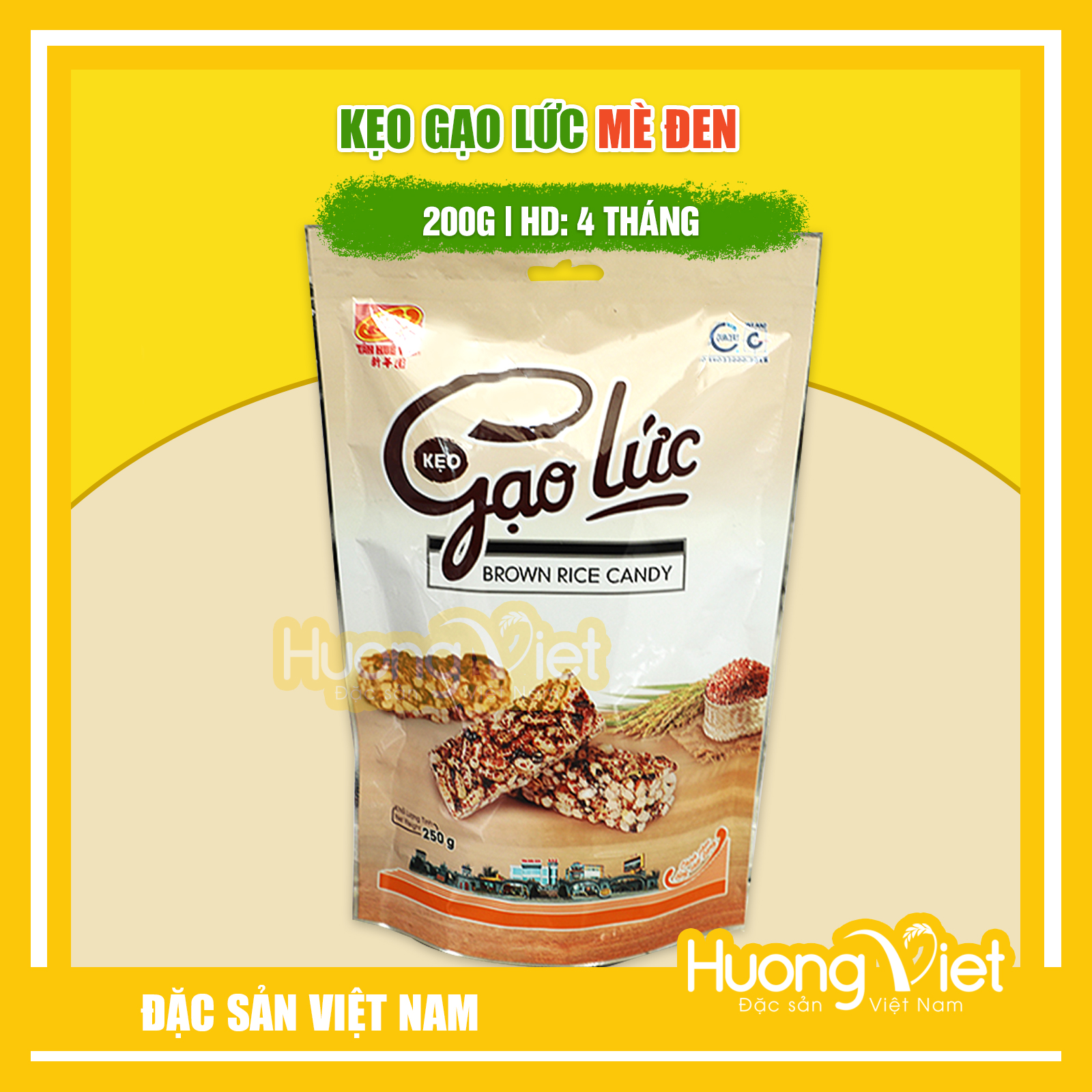 Đặc Sản Sóc Trăng - Kẹo Gạo Lức Sấy Giòn Mè Đen Tân Huê Viên 200G, Kẹo Gạo Lứt Sóc Trăng Tân Huê Viên Giòn Ngon Đậm Đà Vị