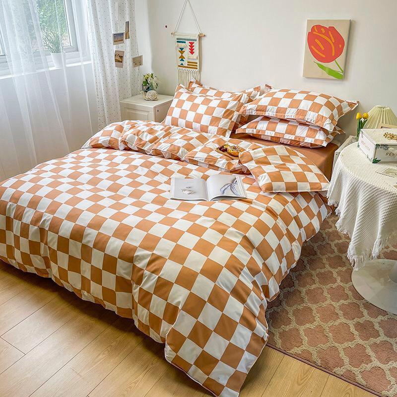 Bộ chăn ga gối Cotton poly M2T Bedding, vỏ chăn mền, drap ga giường và 2 vỏ gối nằm - PL Bàn cờ vua cam nâu