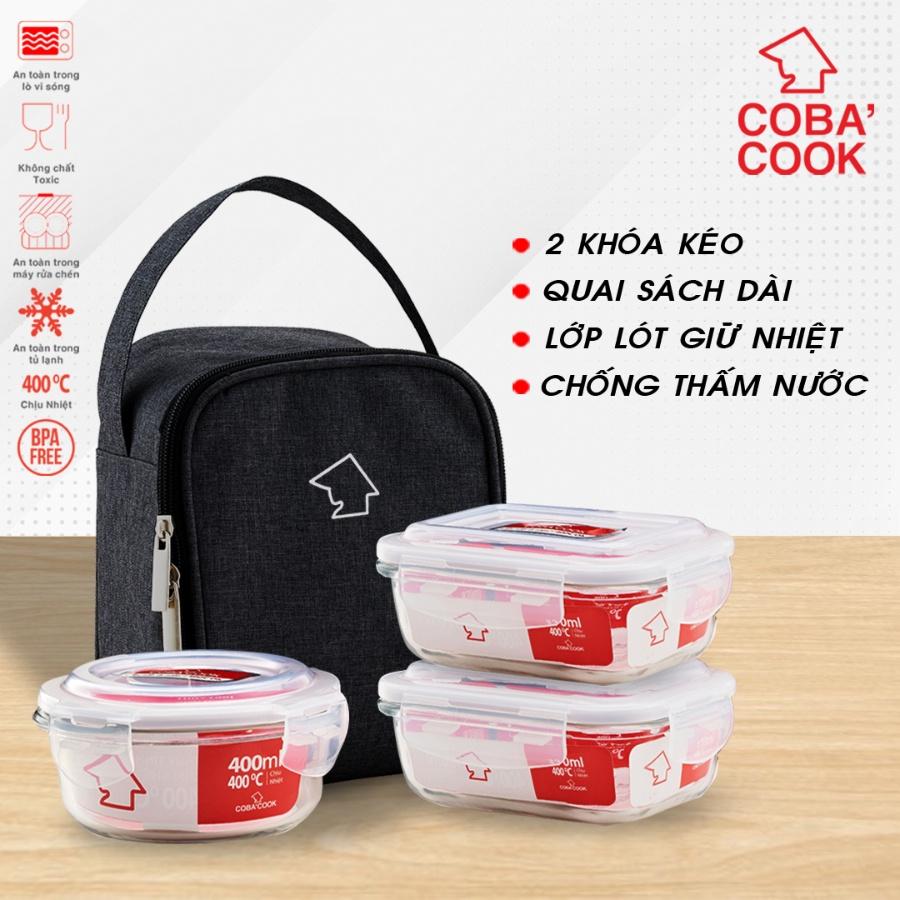 Bộ Hộp Cơm Thủy Tinh Chịu Nhiệt COBACOOK 1 hộp 400ml 2 hộp 370ml và túi giữ nhiệt - CCR4L33BS