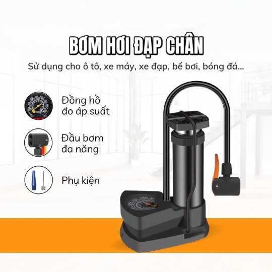 Bơm Xe Đạp Có Đồng Hồ Đo Áp Suất Hợp Kim Nhôm Loại Đạp Chân Cao Cấp - Dùng Cho Xe Đạp Xe Máy Ô Tô Trái Banh