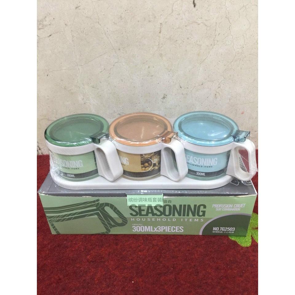 Bộ 3 hũ đựng gia vị thủy tinh Seasoning cao cấp có khay