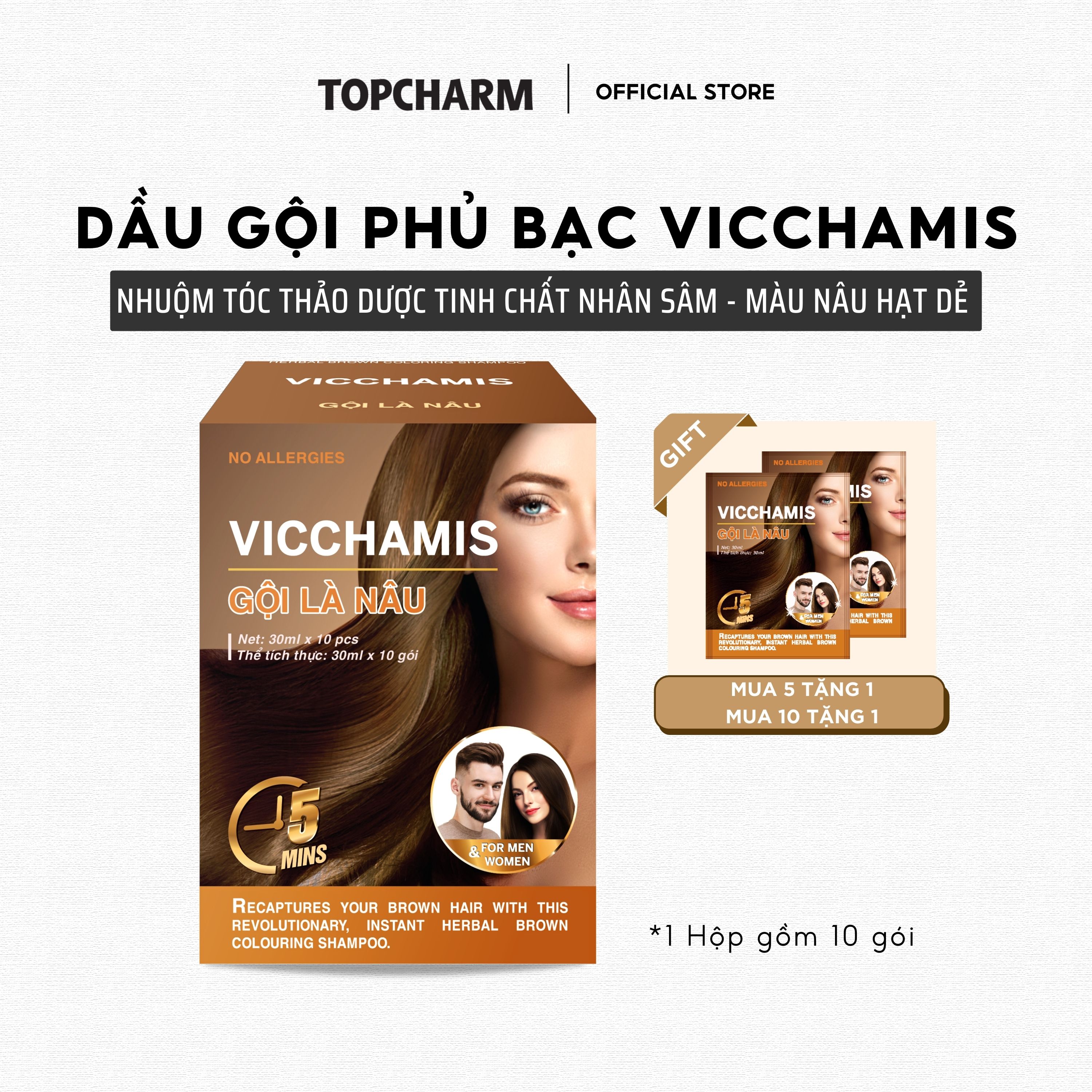 Dầu gội phủ bạc màu nâu hạt dẻ, dưỡng tóc mềm mượt chiết xuất nhân sâm Vicchamis