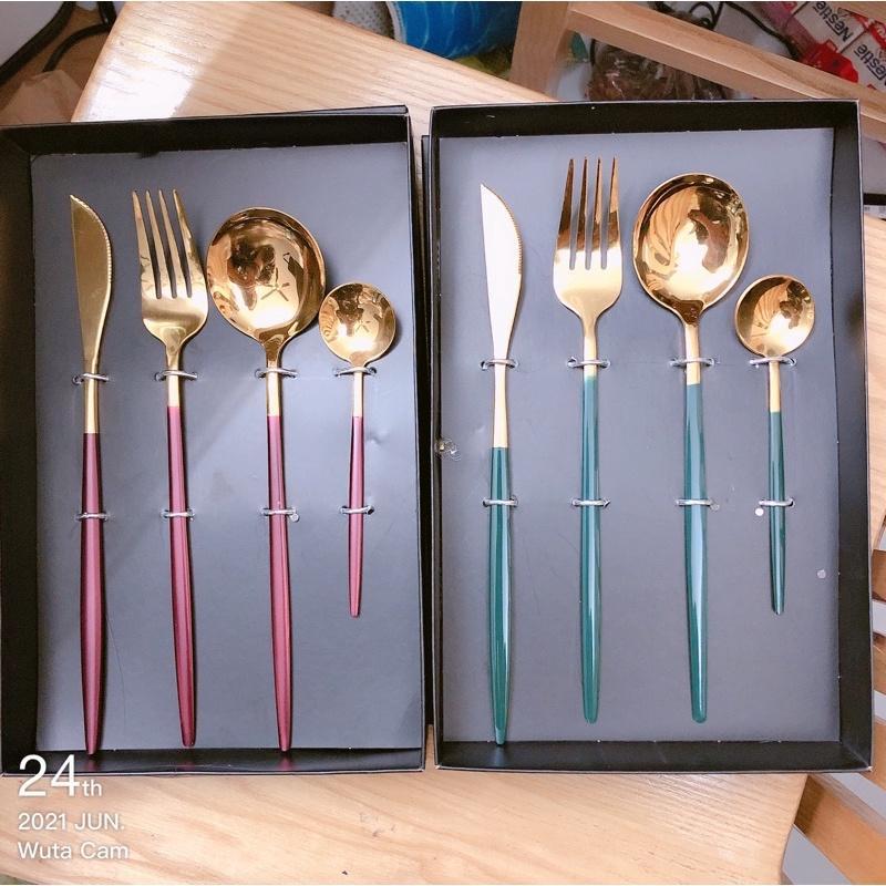 Set 4 món dao, dĩa, thìa – inox mạ vàng cao cấp - phong cách hoàng gia