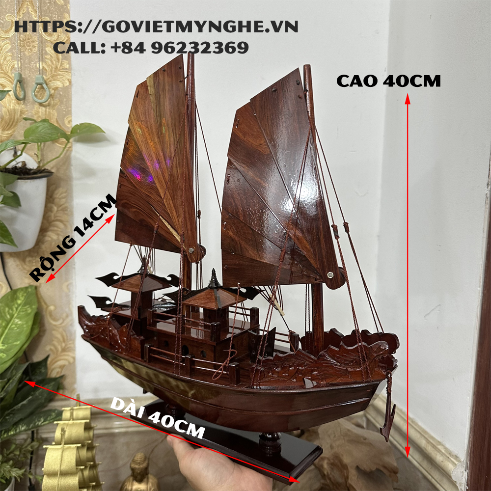 [Dài 40cm] Mô hình thuyền gỗ thuyền trang trí thuyền gỗ cổ Hạ Long Rồng - Thân tàu dài 40cm - Buồm gỗ tự nhiên