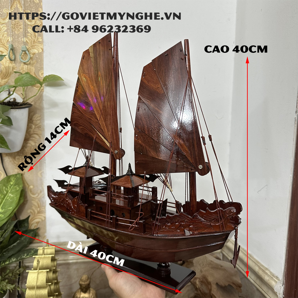 Mô hình thuyền gỗ thuyền trang trí thuyền gỗ cổ Hạ Long Rồng - Thân tàu dài 40cm - Buồm gỗ tự nhiên
