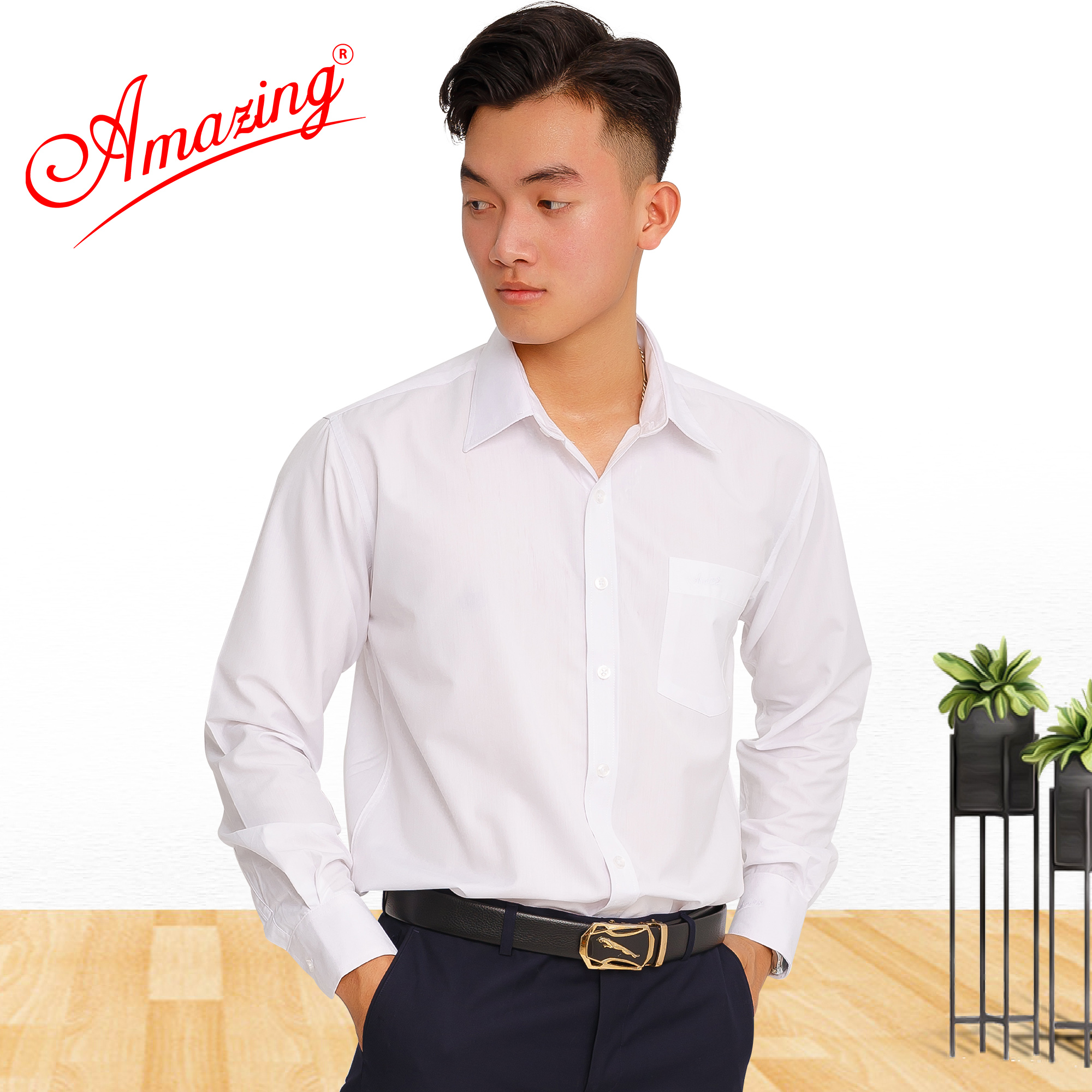 Áo sơ mi trắng Amazing cho nam, form regular căn bản, áo nam tay dài, chất vải bamboo mềm mượt mát, thời trang nam công sở cao cấp