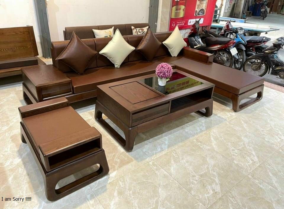 Bộ bàn ghế phòng khách , sofa góc L gỗ sồi chân quỳ 2m80 x 2m MA2- Đồ Gỗ Mạnh Hùng