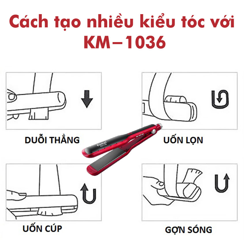 Máy duỗi tóc Kemei KM-1036 điều chỉnh 10 mức nhiệt phù hợp với mọi loại tóc Tặng kèm 2 kẹp chia tóc cá sấu tiện lợi