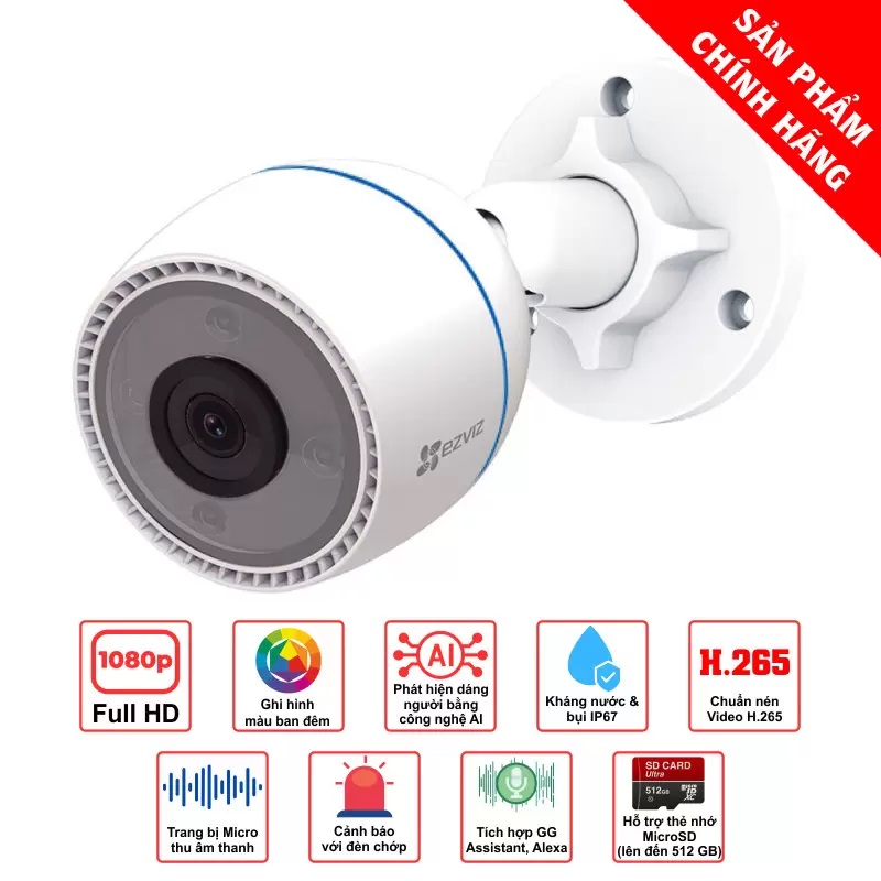 Camera Wifi EZVIZ H3C 2MP Có Màu Ban Đêm, H3C 1080P Mic thu âm - Hàng Chính Hãng