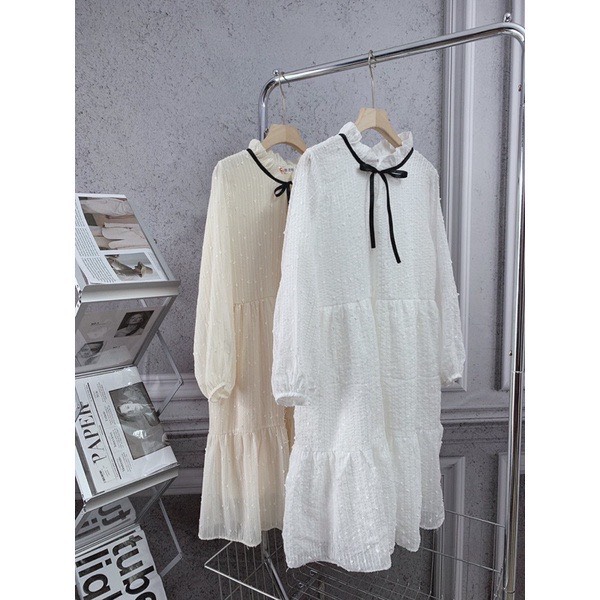 Váy babydoll voan hạt bông nơ Đầm xòe tay bồng đính hạt