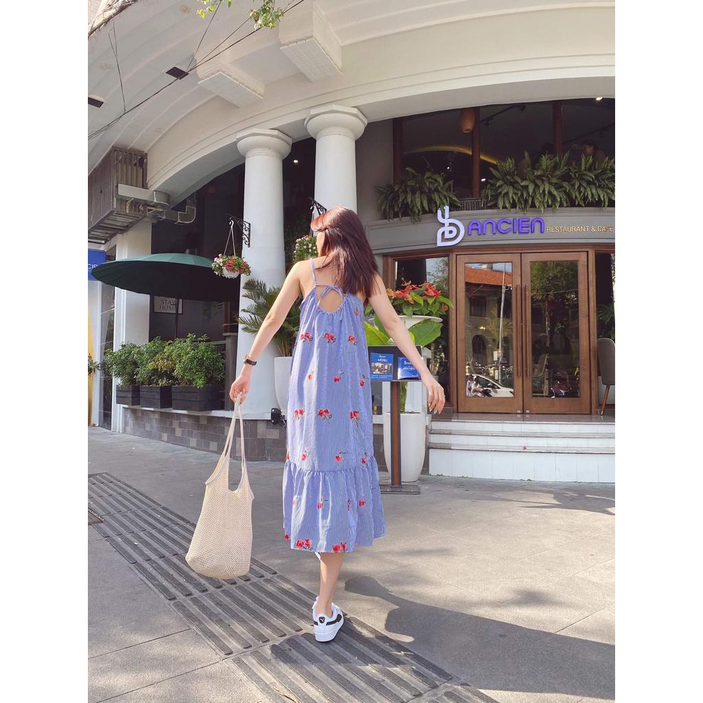 Đầm yếm 2 dây suông hở lưng, Đầm suông sọc hoa đi biển Cao Cấp form rộng sexy thoáng mát - MiNhi