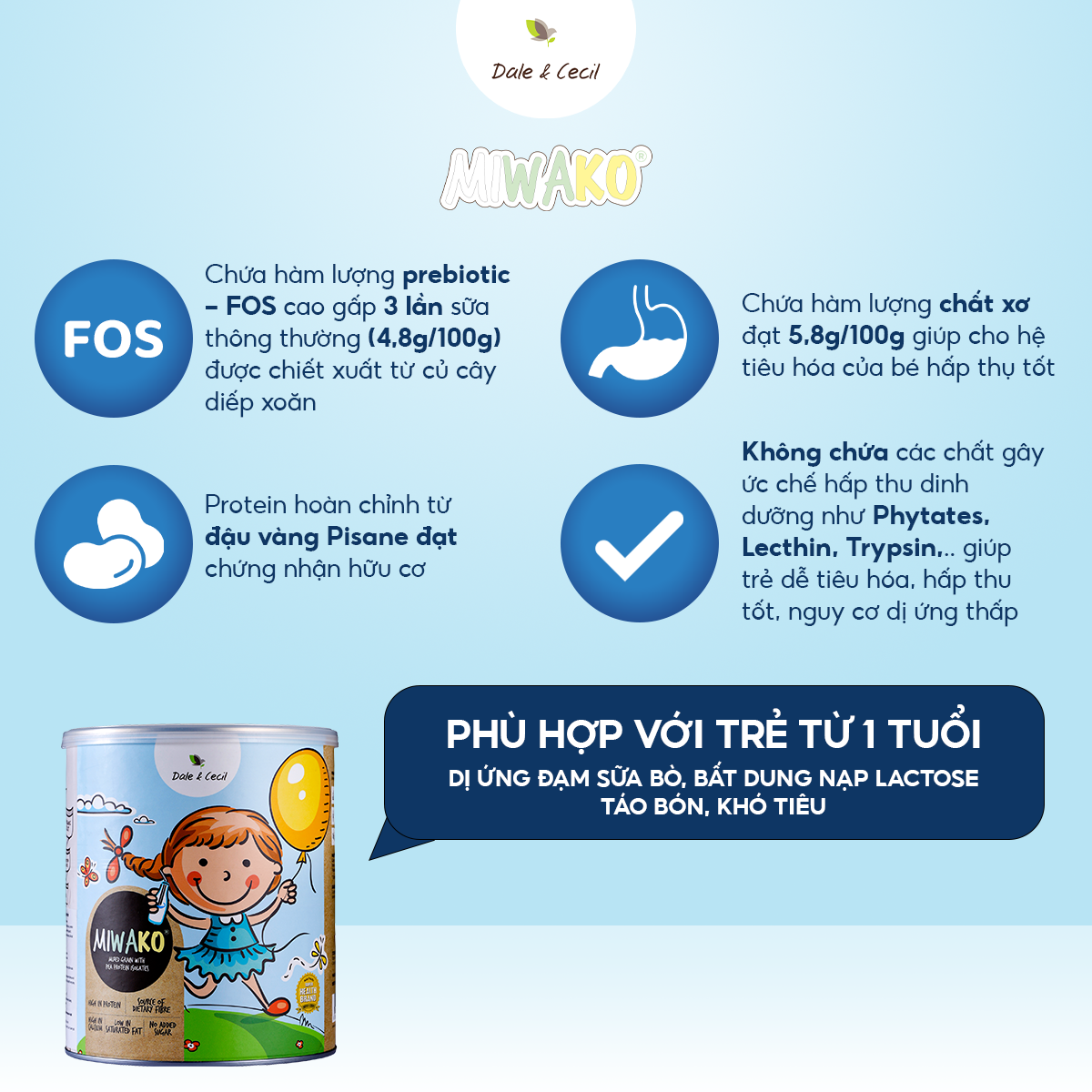 Combo 2 Hộp Sữa Hạt Miwako Vị Gạo Hộp 700g Malaysia, Sữa Thực Vật Hữu Cơ Dành Cho Bé Từ 1 Tuổi Dị Ứng Đạm Bò, Giảm Táo Bón