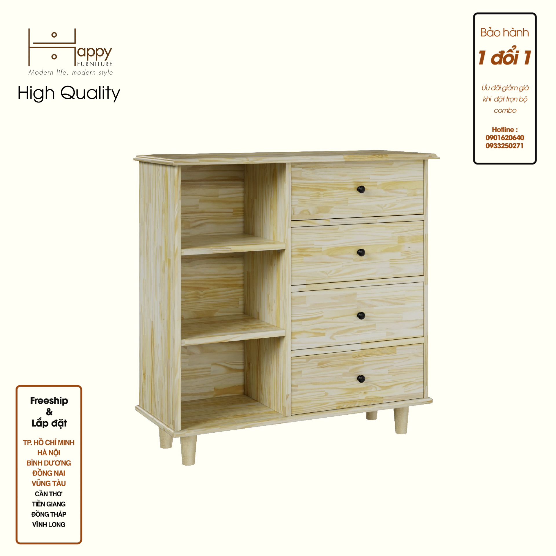 HAPPY FURNITURE , Gỗ tự nhiên , Tủ lưu trữ 4 ngăn kéo - FARAH , THK_183 , 90cm x 35cm x 90cm
