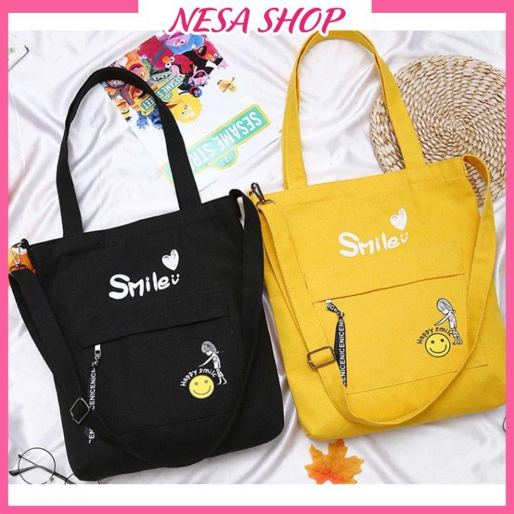 Túi đeo chéo nữ, chất liệu vải canvas, phong cách trẻ trung, túi Tote Canvas in chữ Smile NeSa Shop