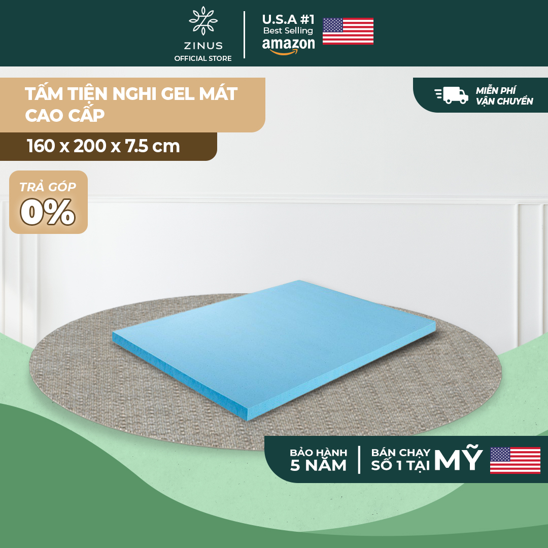 Topper Tấm Tiện Nghi Làm Mềm Nệm Gel Mát Cao Cấp Zinus - Gel Memory Foam Mattress Topper with Cover 160x200*7.5cm