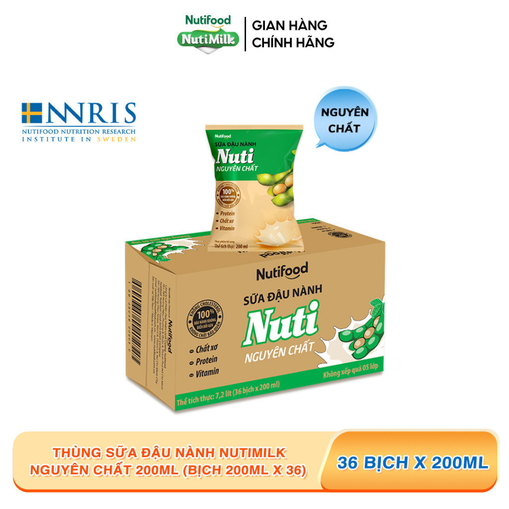 Thùng Sữa Đậu Nành Nutimilk Nguyên Chất 200ml (Bịch 200ml x 36) - Bổ Sung Dinh Dưỡng Từ Hạt Đậu Nành