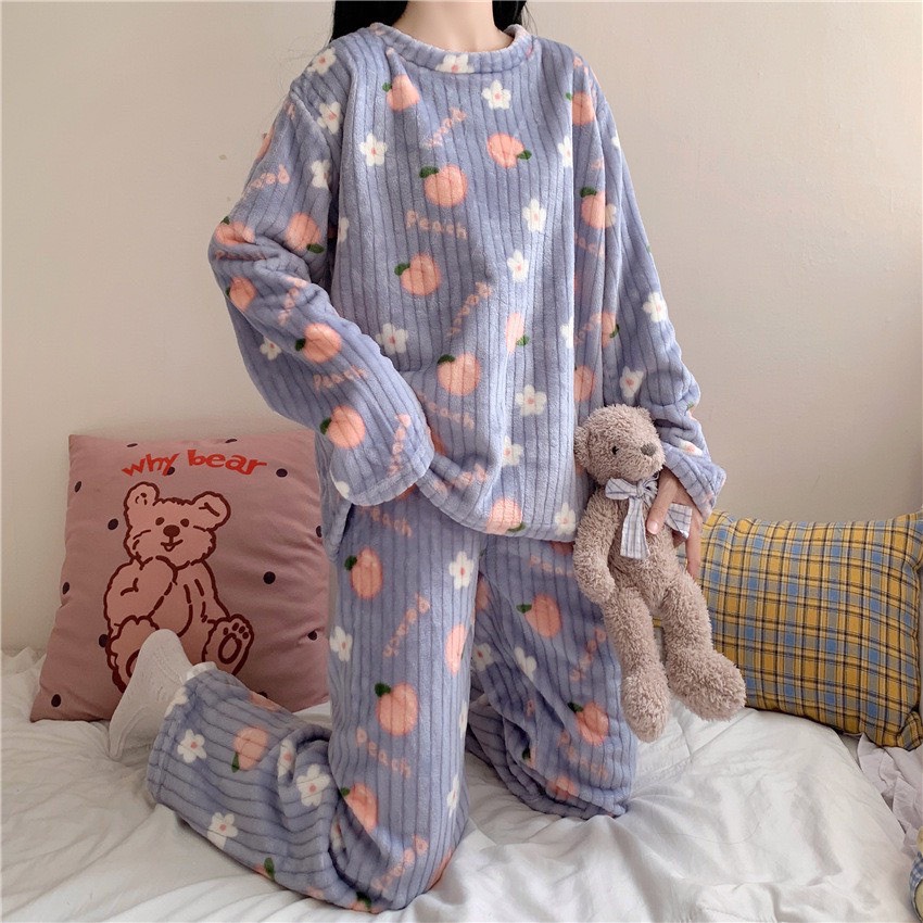 [ Hot loại 1 ] Bộ mặc nhà nỉ lông  hoạ tiết trái đào mềm siêu ấm áp, bộ ngủ lông cừu mẫu mới 2022