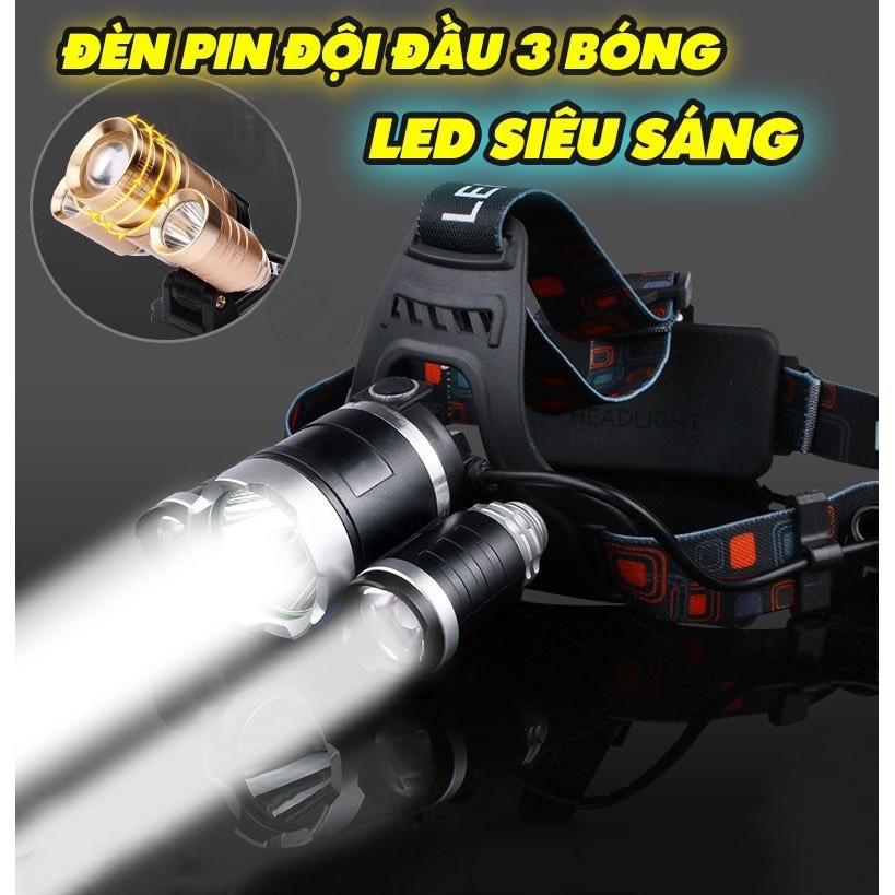 Đèn Pin Đội Đầu Siêu Sáng 3 Bóng Pin Sạc