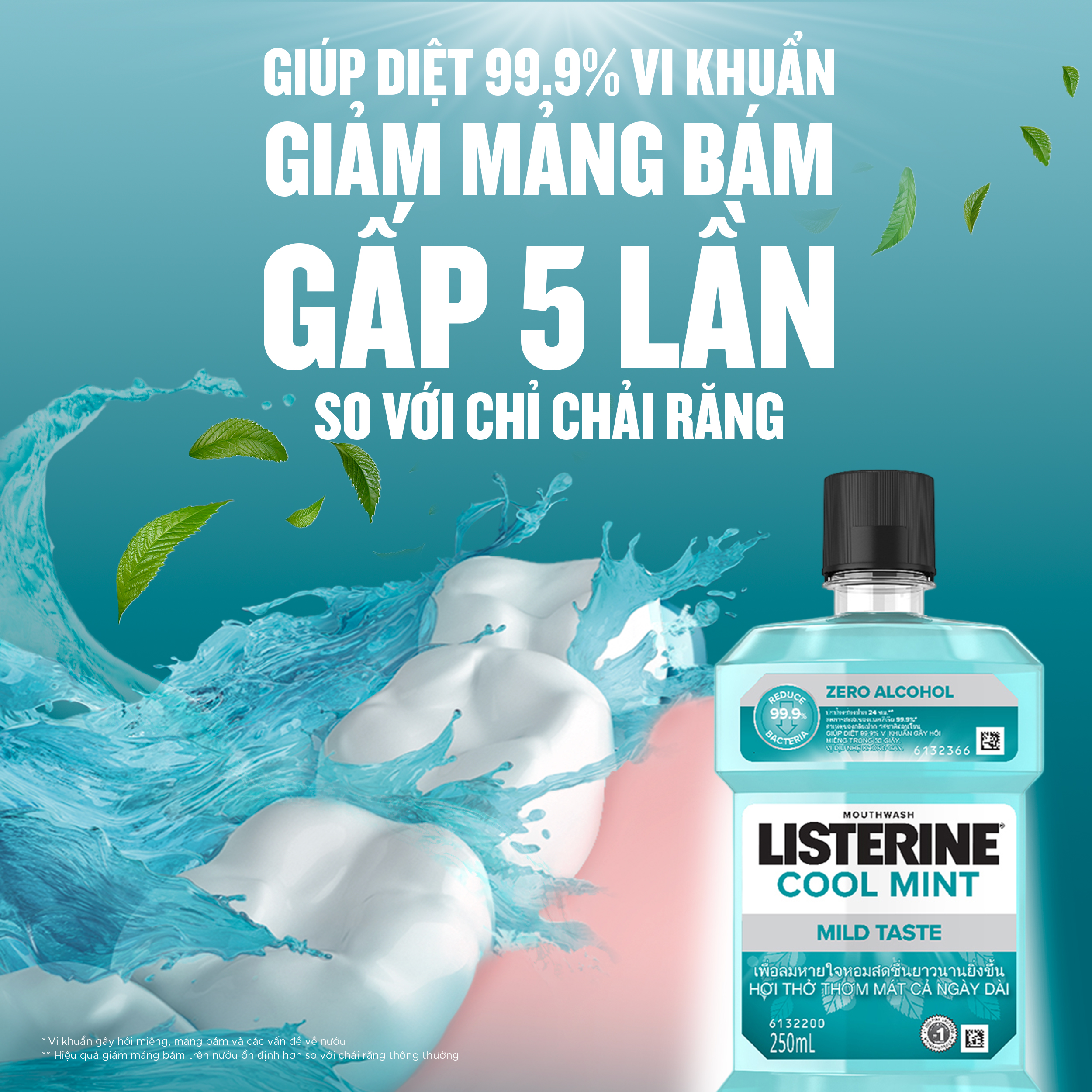 Nước súc miệng không cay giúp hơi thở thơm mát Listerine Cool Mint Zero Alcohol - Dung tích 100ml