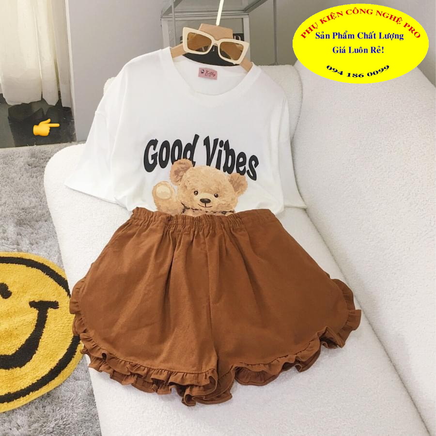 Set bộ nữ áo thun và quần bèo In hình gấu Teddy Bear siêu dễ thương Size 45kg - 55kg Chất liệu thun cotton mềm mát