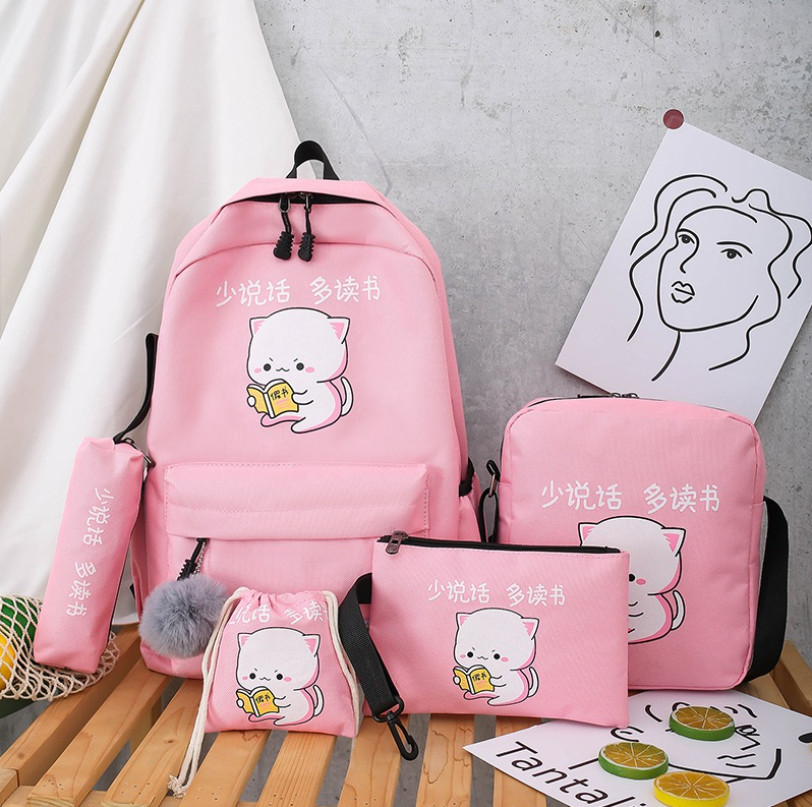 Balo đi học nữ 4 món mèo Balo + túi đeo chéo nữ + ví nữ + hộp bút