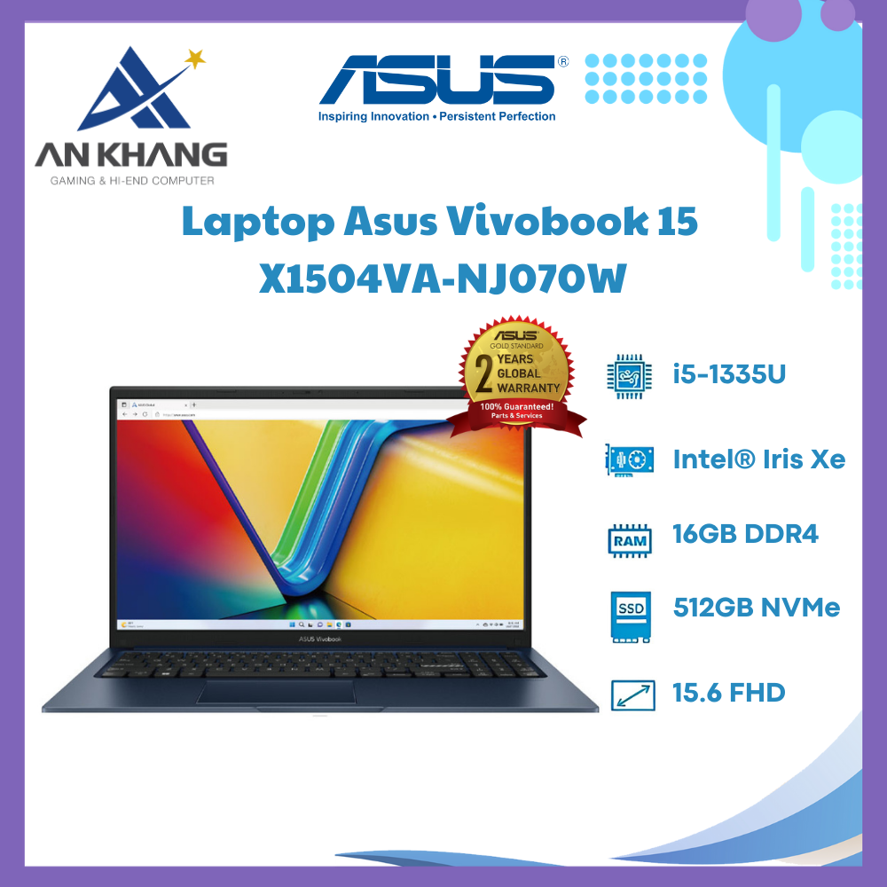 Laptop Asus Vivobook 15 X1504VA NJ070W (Core i5-1335U | 16GB | 512GB | Intel Iris Xe | 15.6 inch FHD | Win 11 | Xanh) - Hàng Chính Hãng - Bảo Hành 24 Tháng