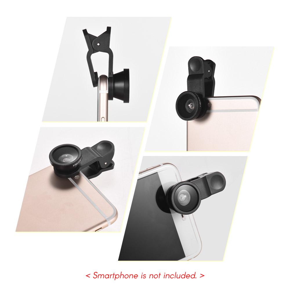 Universal Clip Lens Kit 180° Mobile Phone Fisheye Lens 0.67× Wide Angle Lens Macro Lens 3 in 1 with Clip for iPhone