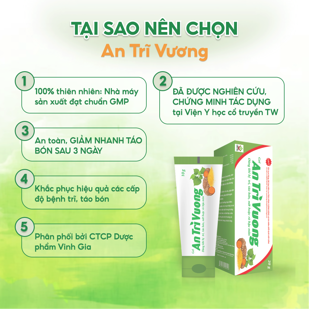 Gel An Trĩ Vương Vinh Gia Giúp Chăm Sóc Làm Mát, Dịu Da Dùng Khi Bị Trĩ, Táo Bón, Nứt Kẽ Hậu Môn Tuýp 20g