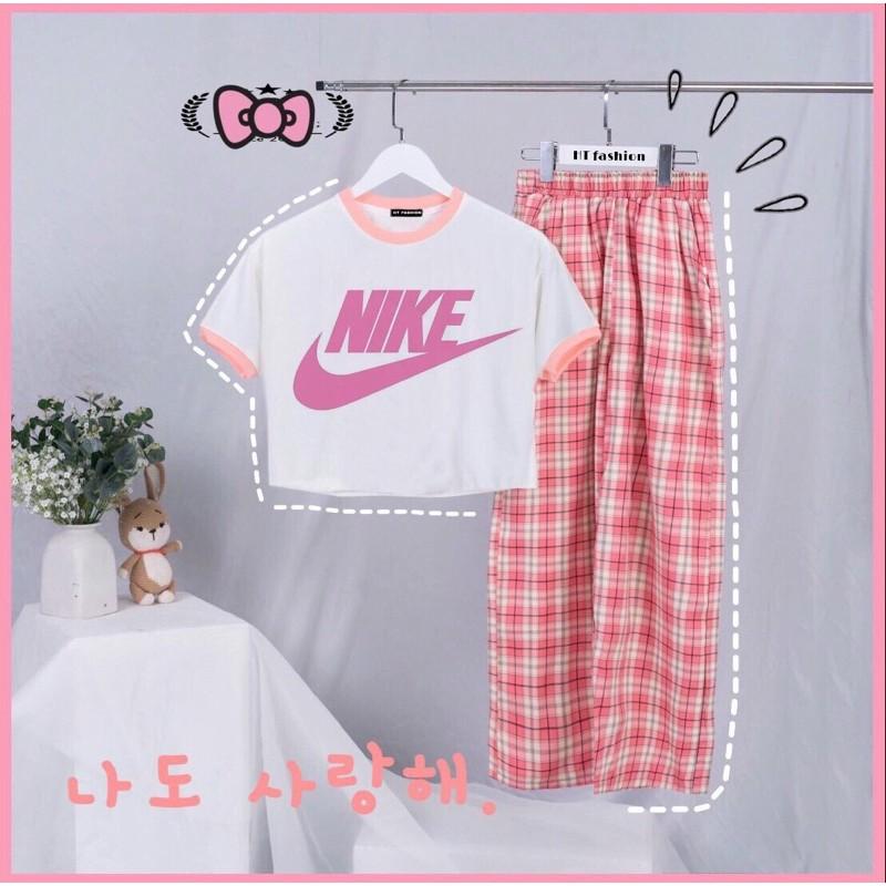 set áo croptop cuốn biên kèm quần sọc caro chất áo cotton kèm quần kate-N