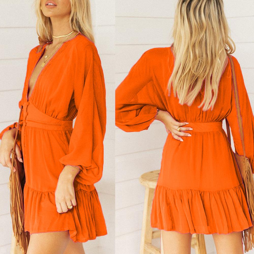 Women Ruffles Dress Button Deep V Neck Long Batwing Sleeves High Waist Boho Holiday Beach Casual Mini Dress
