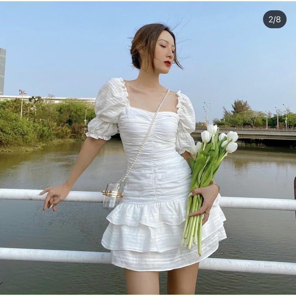Váy Đầm Nữ Đầm Trắng Nhún Thân Rút DâyBody Cổ Vuông Tay Phồng Phong Cách Trẻ Trung Năng Động