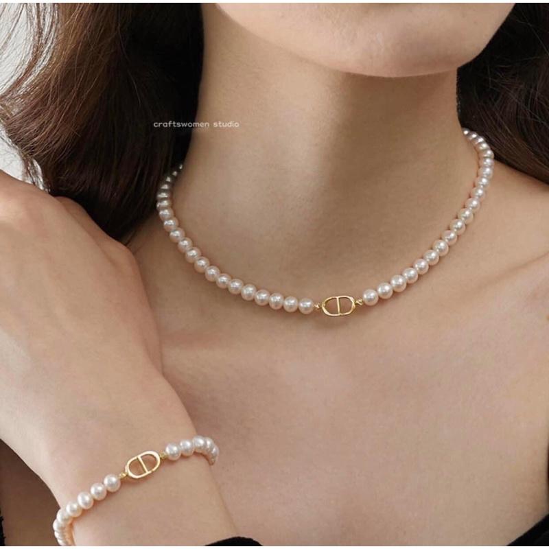 Bộ Trang Sức CD Titan Vòng Cổ Choker Size 6ly, Bộ Trang Sức Ngọc Trai Nước Ngọt Tự Nhiên - Ngọc Trai Trường Thịnh