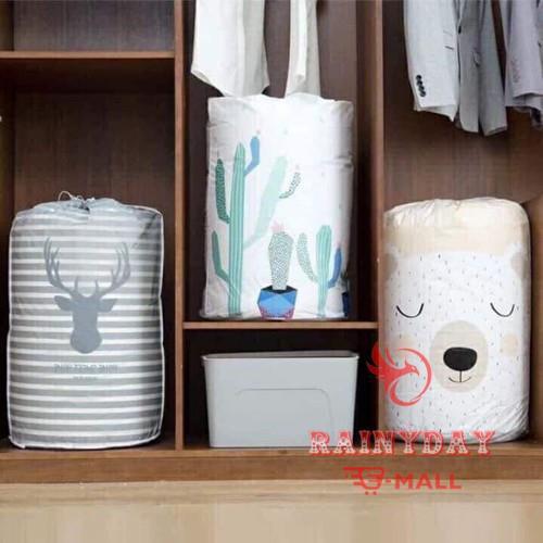 Túi vải đựng đồ chăn màn, quần áo, ga gối đa năng dây rút tiện lợi hình trụ tròn cỡ lớn