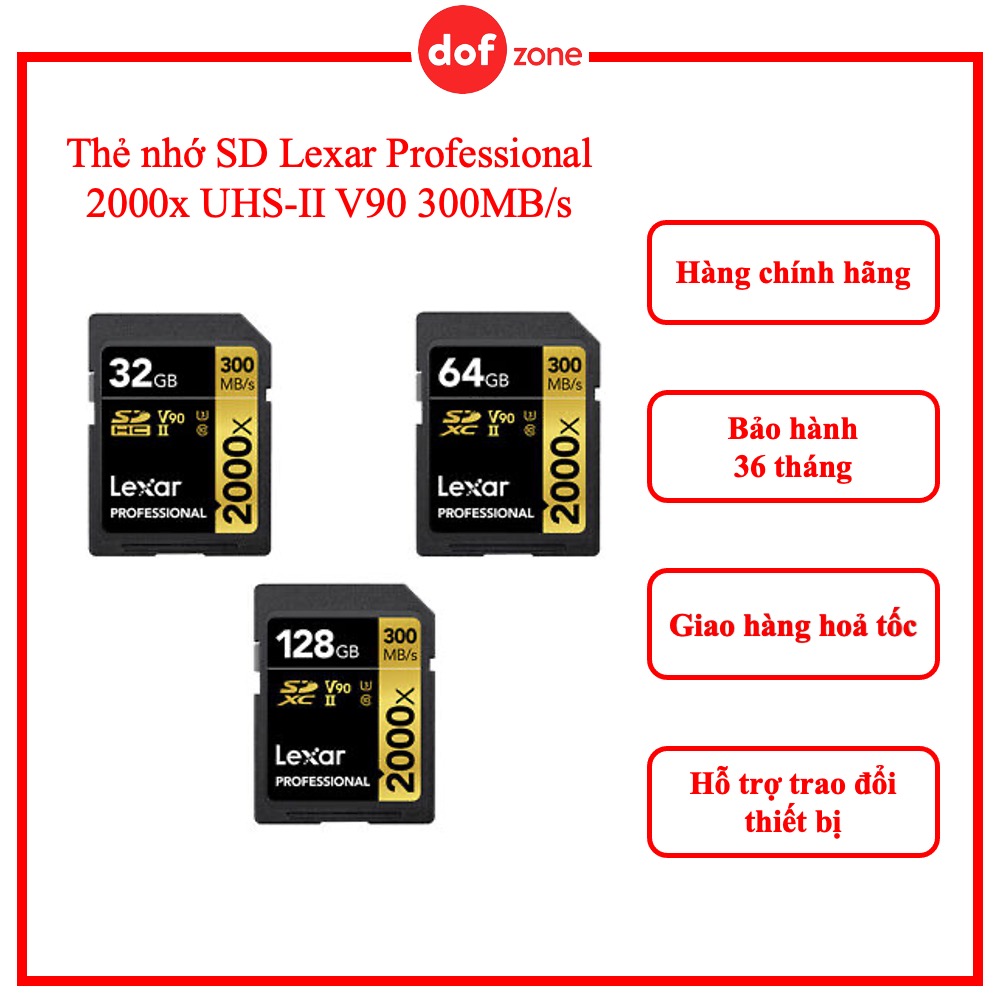 Thẻ nhớ SD Lexar Professional 2000x UHS-II V90 300MB/s (64GB/128GB/256GB)- Hàng chính hãng