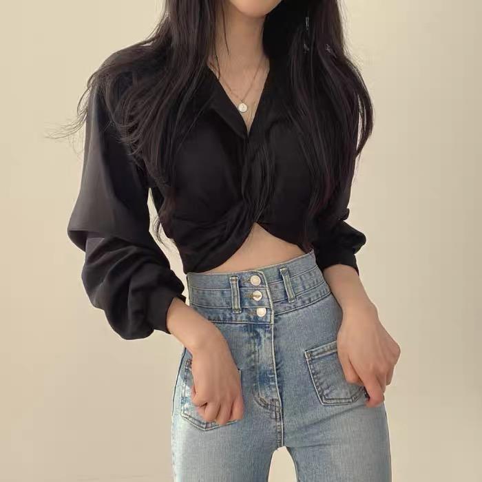 MS756 Áo sơ mi kiểu xoắn eo croptop hở rốn thắt nơ lưng