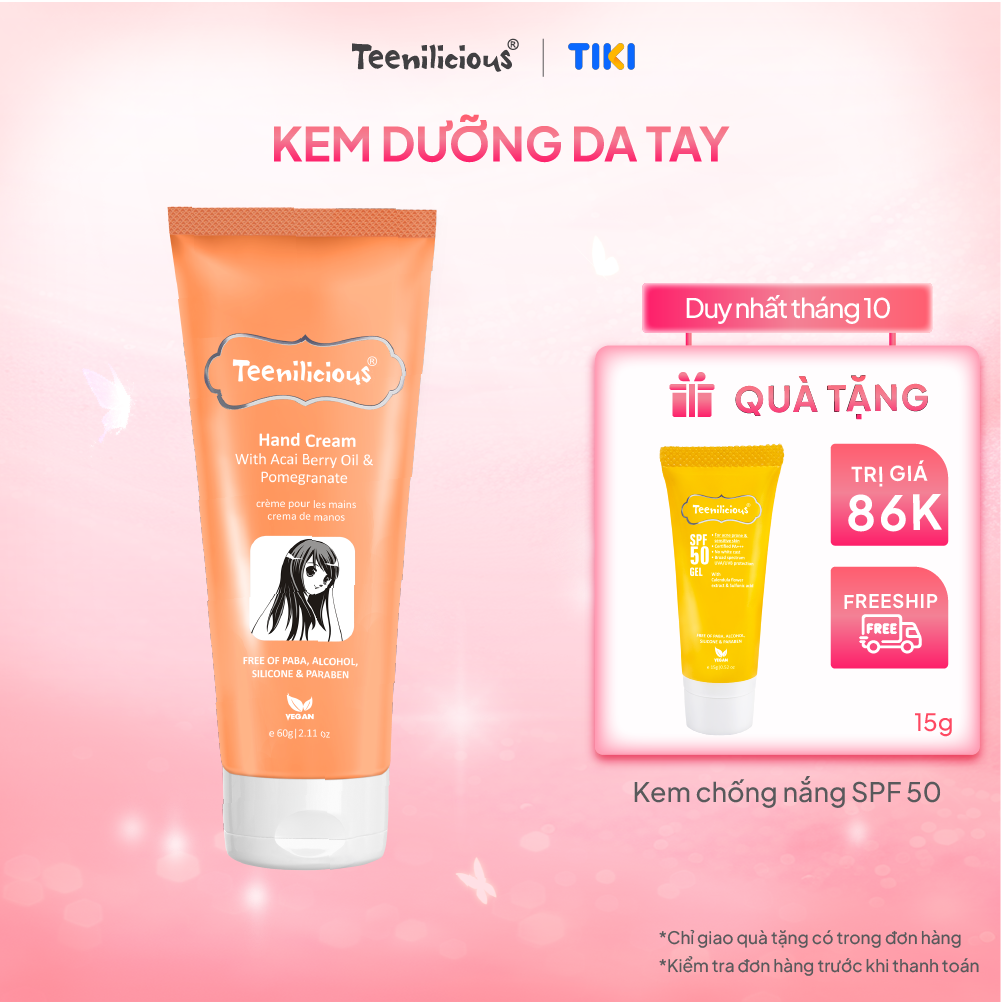 Kem Dưỡng Da Tay Teenilicious Hand Cream With Acai Berry Oil &amp; Pomegranate Giúp Dưỡng Ẩm, Mềm Mịn Da 60g