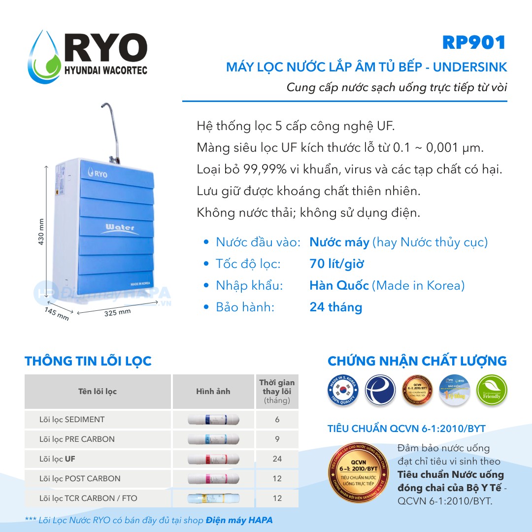 Máy Lọc Nước RYO Hyundai RP901 Chuẩn Nước Khoáng Uống Trực Tiếp - Công Nghệ UF 5 Cấp Lọc, Nhập Khẩu Hàn Quốc - Hàng Chính Hãng