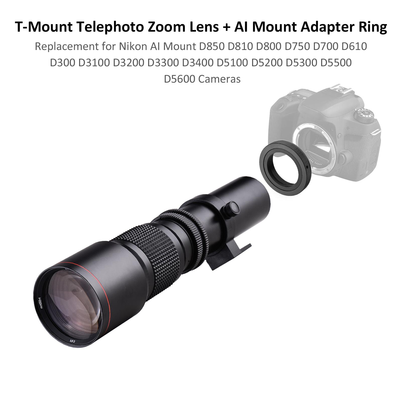 Camera Super Telephoto Lens 500mm F/8.0-32 Manual Zoom T-Mount+2X 500mm Teleconverter Lens+T2-AI Adapter Ring for Nikon