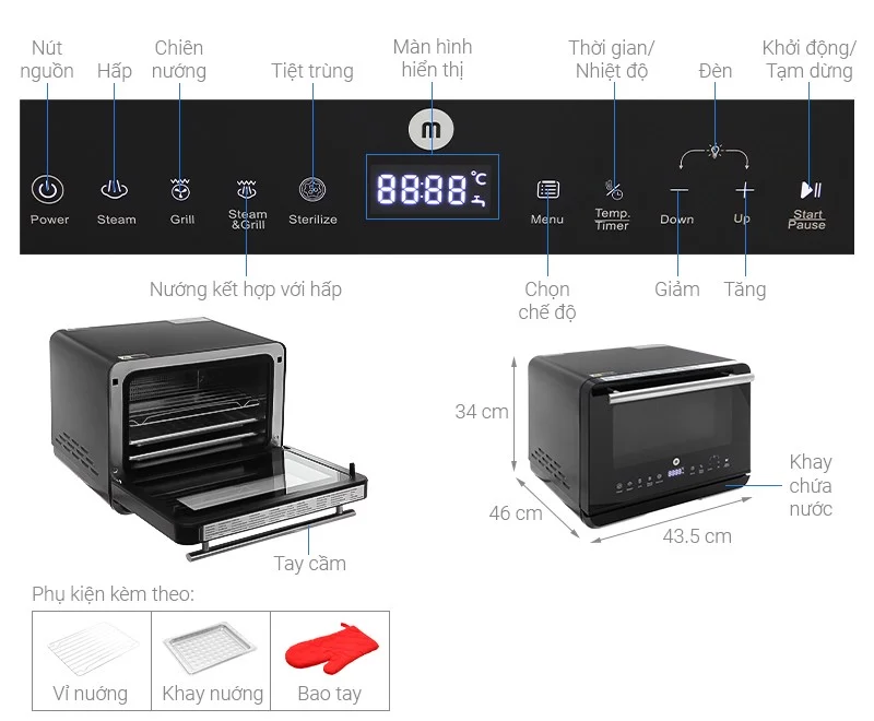Nồi Chiên Hơi Nước Cao Cấp 10 Trong 1 Mishio MK318 - Hàng Chính Hãng