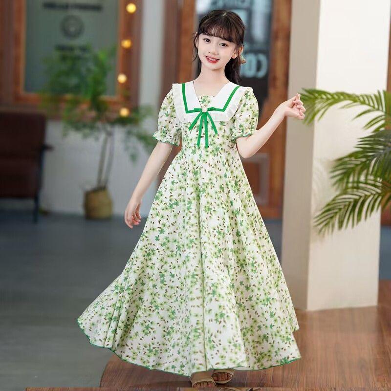 SHUANGYAN Cô gái lớn bé mùa hè váy bong bóng tay áo đầm cô gái nhỏ mùa hè phong cách phương Tây váy sinh viên ngọt ngào trên đầu gối hoa đầm dài