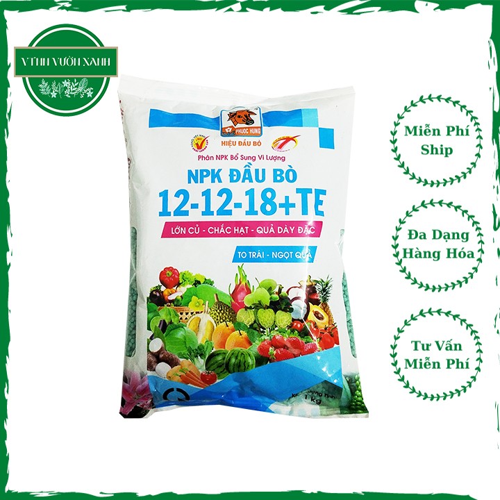 Phân bón NPK trung vi lượng Đầu Bò 12-12-18+TE giúp lớn củ, chắc hạt, quả dày đặc, to trái, ngọt quả, chuyên dùng cho cây ăn trái, rau màu, cây kiểng - gói 1kg