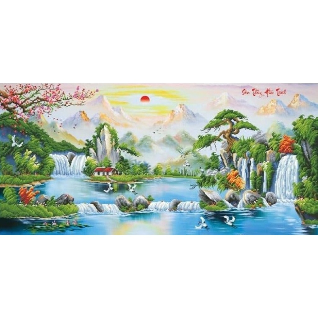 TRANH THÊU CHỮ THẬP SƠN THỦY HỮU TÌNH 124x67cm