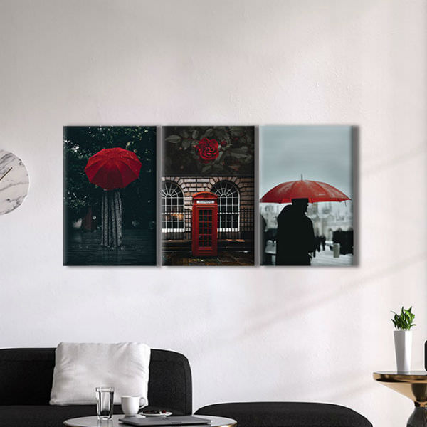 Bộ 3 Tranh Ép Gỗ MDF Treo Tường Quán Cafe "Red Umbrella" W172