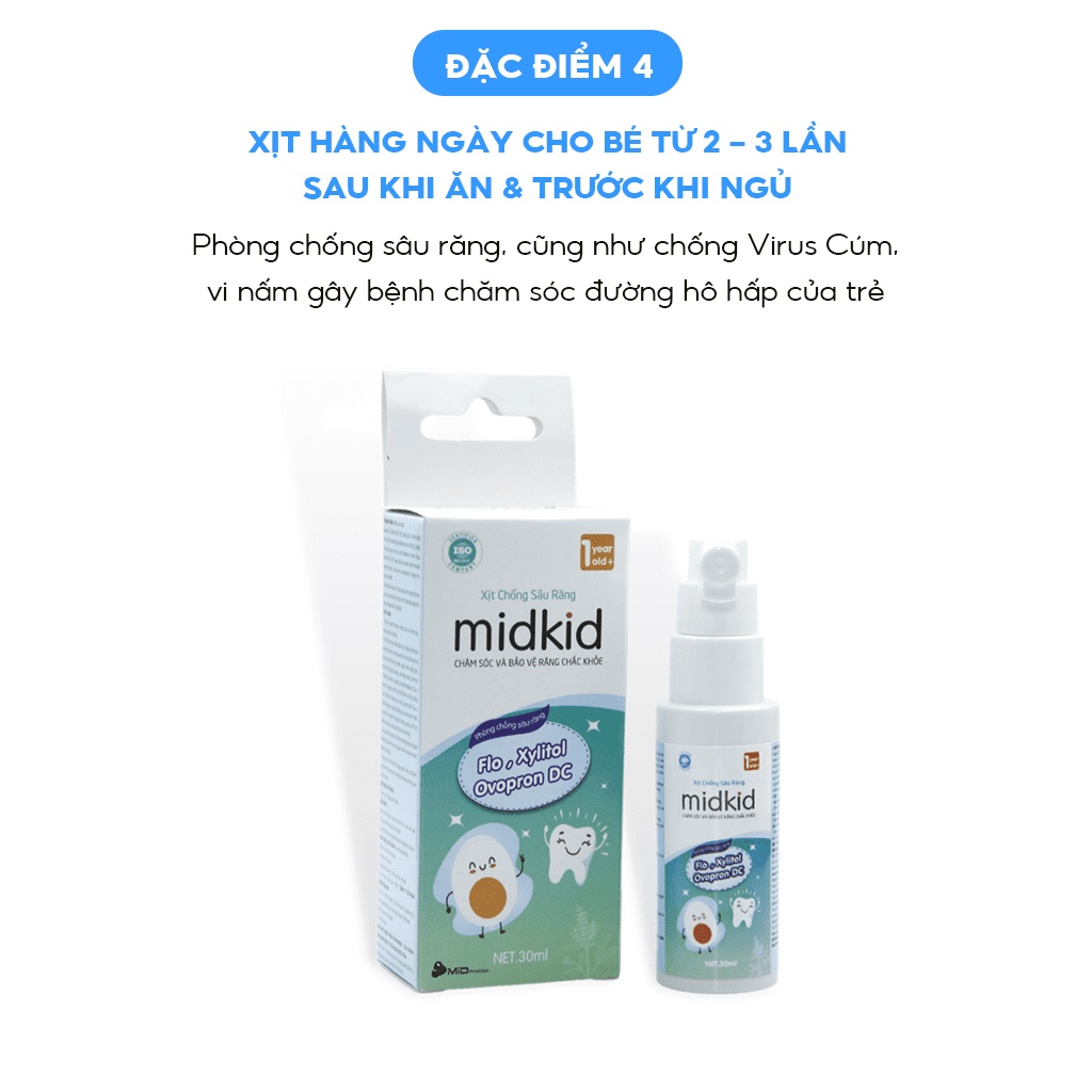 Xịt chống sâu răng Midkid cho bé từ 1 tuổi giúp làm sạch và bảo vệ men răng, ngăn ngừa mảng bám ố vàng, viêm lợi, hà mủn