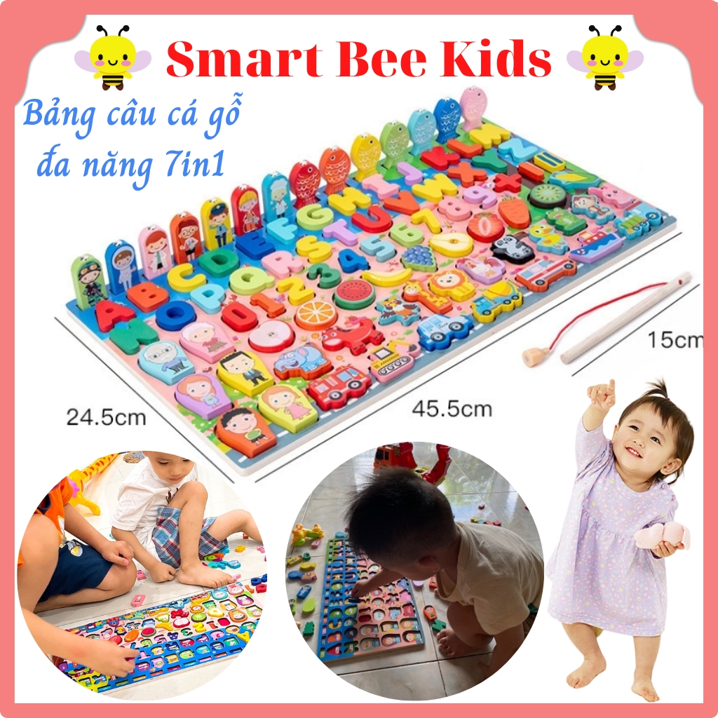 Đồ Chơi Gỗ Bảng Gỗ Đa Năng 7IN1 Câu Cá Kèm Ghép Hình Học Chữ Số Và Phương Tiện