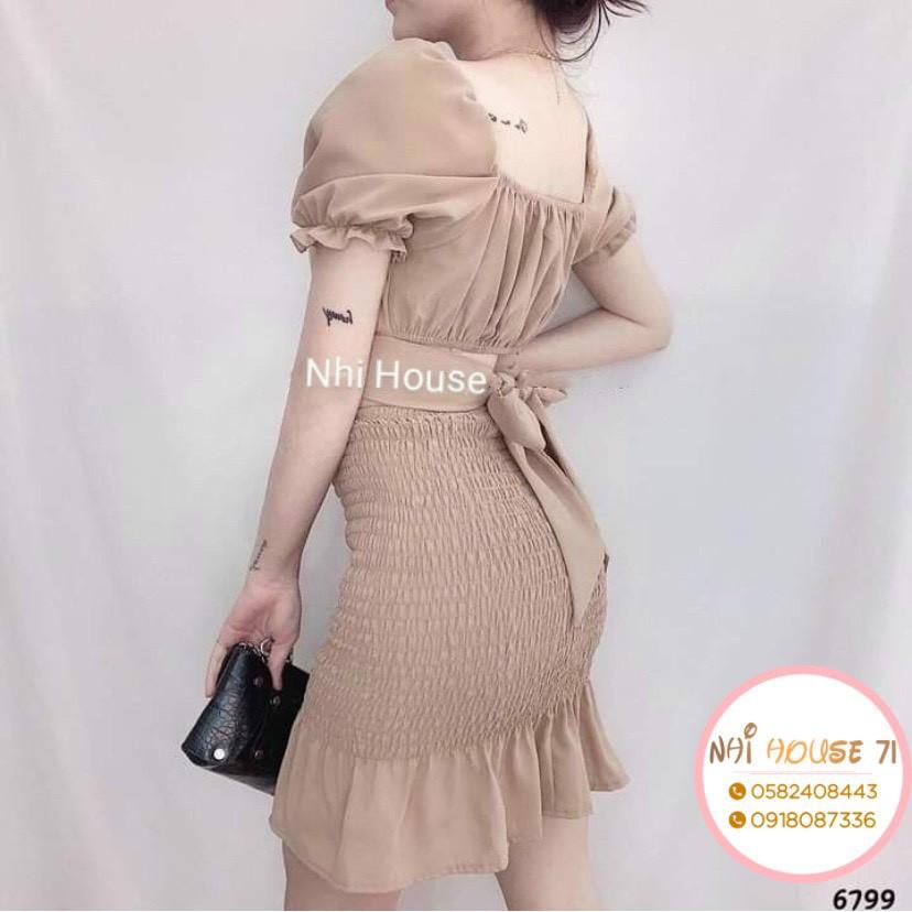  Set Đồ Nữ Dễ Thương NHIHOUSE71 Áo  Croptop Tay Phồng Váy Dún Lai Bèo Freesize Dưới 55kg