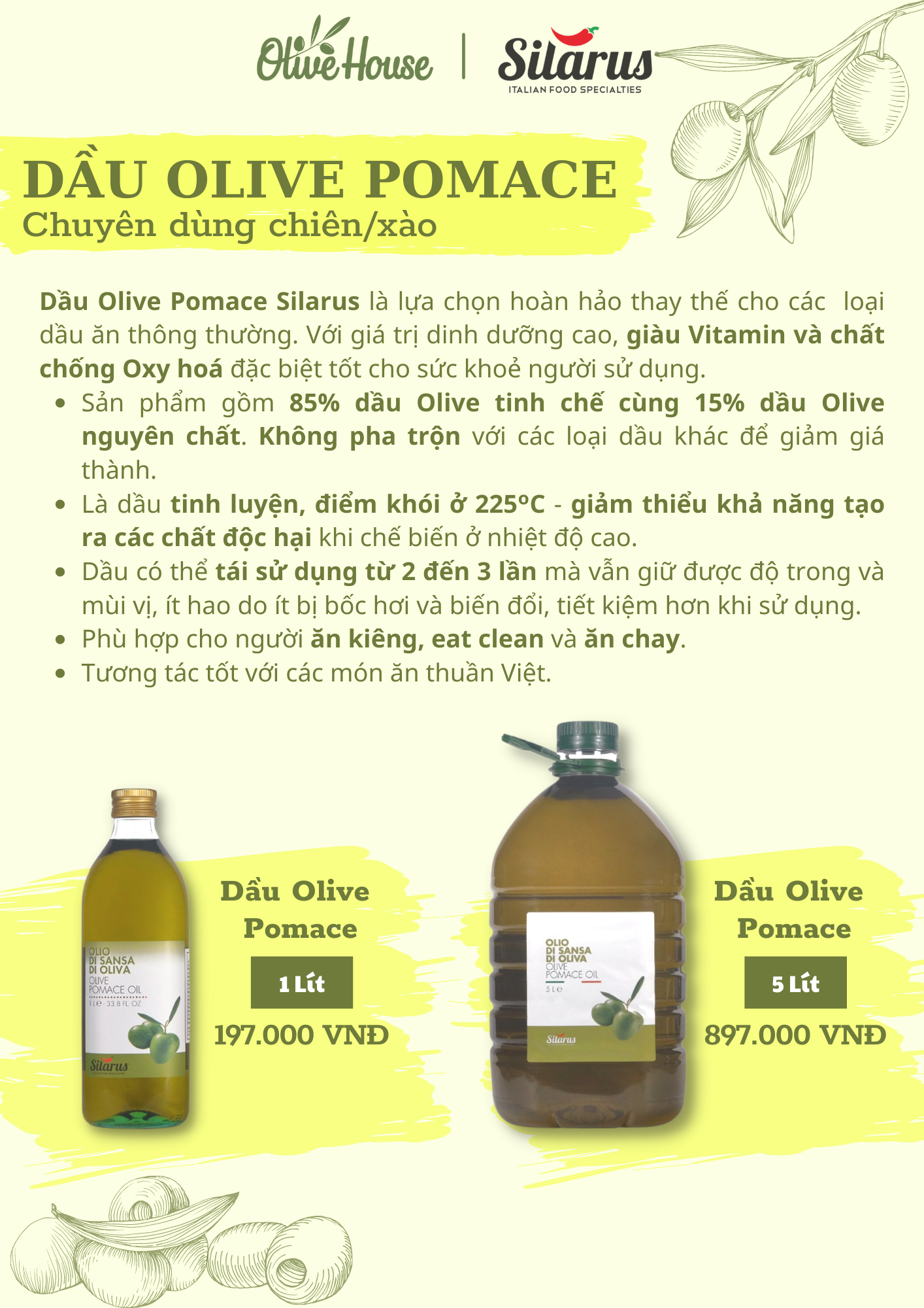 Dầu Olive Pomace Silarus 1L cao cấp, dùng chiên rán, nấu ăn, giảm chất béo có hại - thương hiệu Silarus nhập khẩu 100% từ Ý