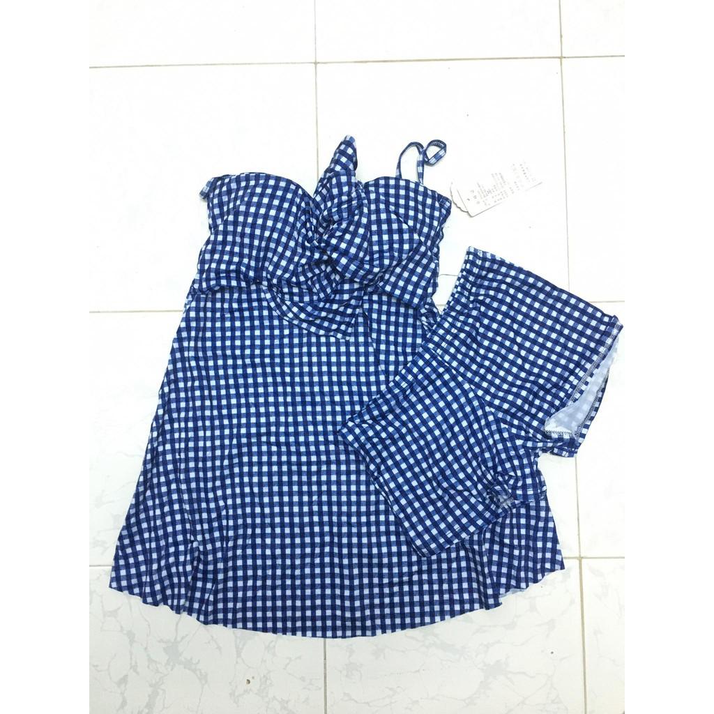 Đồ bơi nữ Bikini 1 mảnh liền thân váy xòe hai dây kẻ sọc đi bơi đi biển 1 quần mặc bên trong QC014